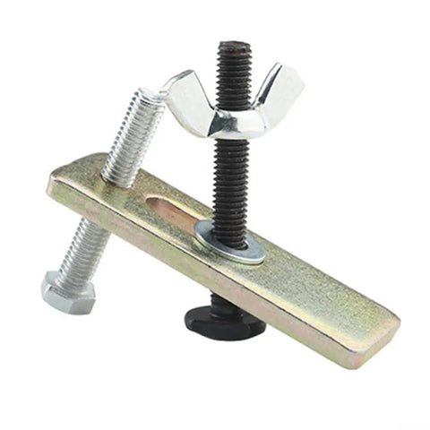 Sturdy Press Plate Clamp Set For Engraving Machines, heavy duty steel fixture with screws, butterfly grip, metallic finish.