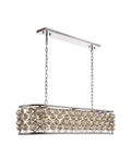Badass 7 Light Oblong Pendant Lamp With Royal Cut Golden Teak Crystals Sleek Polished Nickel Finish Heavy Duty Steel And Iron Frame in a modern dining room setting.