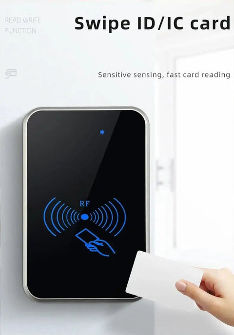 Hand swiping card on Waterproof Built Tough RFID NFC Card Reader 125KHz 13.56MHz Support RS485 Modbus RTU for PLC systems