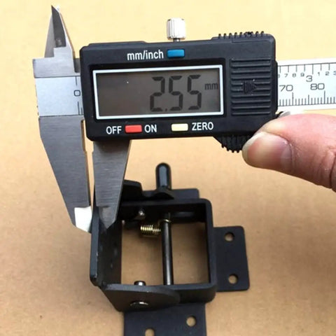 Measuring 90 Degree Self Locking Folding Hinge, 2.5mm thick, black heavy duty leaf hardware with caliper, for furniture stability.