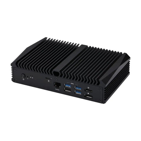 Intel X7425E Micro Server Gear Loaded With 8GB DDR4 RAM And 128GB M2 SSD with ports in a compact black design.