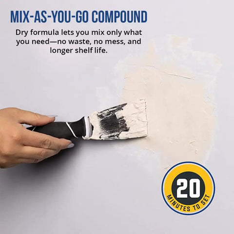 Hand using trowel to apply compound from All In One Drywall Repair Kit With Wall Plate, Two Patch Compound Bags, Dual Grit Sanding Block.