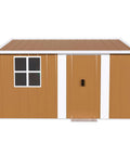 Front view of 10x12 Ft Heavy Duty Metal Outdoor Storage Shed With Lockable Sliding Door Windows And Ventilation Weatherproof Garden Shed For Backyard Lawn Tools Equipment And Pet Shelter Go To Backyard Storage Solution.