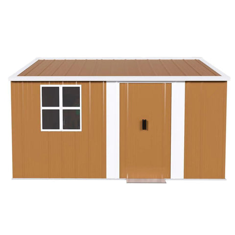 Front view of 10x12 Ft Heavy Duty Metal Outdoor Storage Shed With Lockable Sliding Door Windows And Ventilation Weatherproof Garden Shed For Backyard Lawn Tools Equipment And Pet Shelter Go To Backyard Storage Solution.