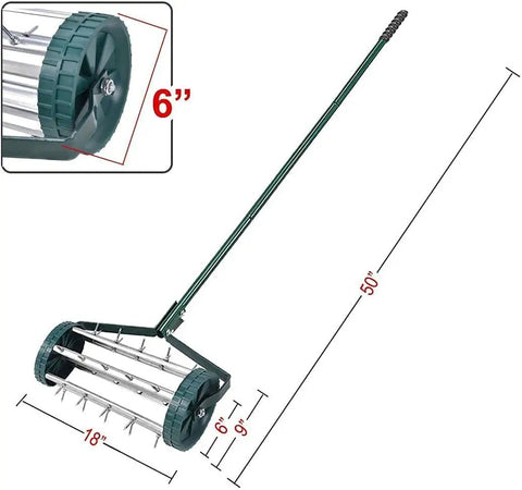 Rolling Lawn Aerator 18 Inch Rotary Push Tine Spike Soil Aerator With 3 Piece Long Steel Handle For Effortless Garden Yard Grass Care