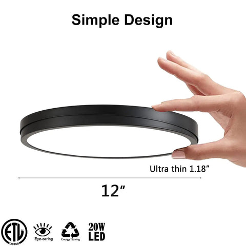 Hand holding 12 Inch Metal Black Sleek LED Flush Mount Ceiling Light, Low Profile Round Fixture, ultra-thin design view.