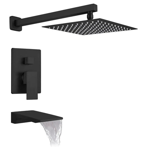 Dual Function Shower Faucet Set For Bath And Shower, Waterfall Tub Spout, 10-Inch High-Pressure Showerhead, Matte Black Finish