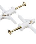 Close-up of white plastic anchors with screws from 100 Piece Self Drilling Drywall Anchor Kit With Screws For Gypsum Board And Fiberboard.