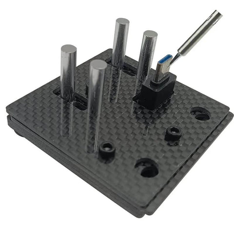 Close-up view of Must Have Carbon Fiber Welding Jig Wire Station With Pocket Hole For XT60 XT90 Connectors Soldering Clamp Craft Tool.