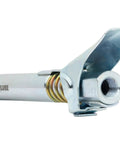 Close-up of Grease Gun Coupler XL Universal Fit With 3.5 Inch Extra Reach, showing locking jaws for hands-free greasing.