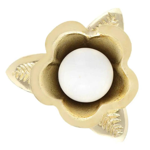 Top view of an 18 Piece Handmade Bloom Flower Ceramic Cabinet Knob, gold and white design with floral pattern.
