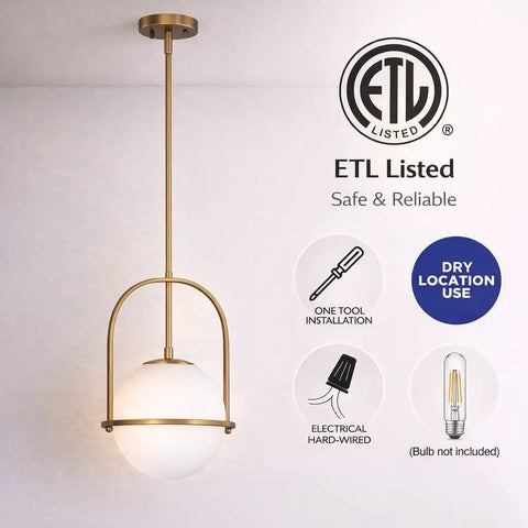 Slick Brass Pendant Light For Kitchen Island With Adjustable Height And Soft Frosted Glass Globe Ceiling Lamp For Dining Room Entryway Bedroom Modern Hanging Fixture Top Shelf Home Decor, with brushed brass finish and white globe.