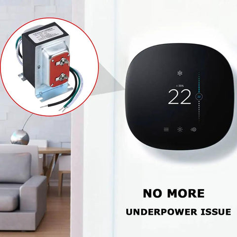 16V 30VA AC Doorbell Transformer Power Supply for hardwired chimes and thermostat, shown installed in modern living room.