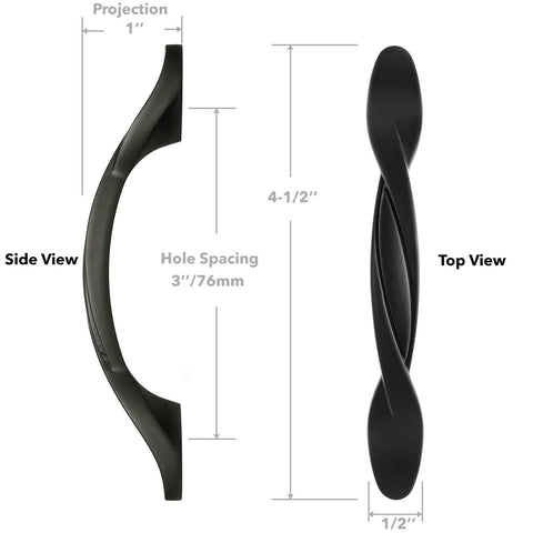 Side and top view of 25 Pack Solid Braided Kitchen Cabinet Pulls Handles 4 And A Half Inch Length 3 Inch Hole Centers Matte Black