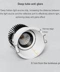 Detailed view of anti glare feature of Six Pack Three Inch Cob Led Recessed Downlights Adjustable Thirty Degree Ceiling Spotlights.