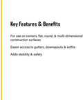 Key features of Corner Buddy Aluminum Ladder Stabilizer for corners and irregular surfaces, stability, access to gutters, safety benefits