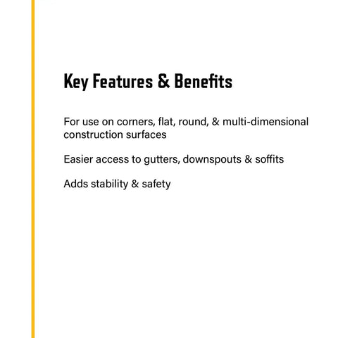 Key features of Corner Buddy Aluminum Ladder Stabilizer for corners and irregular surfaces, stability, access to gutters, safety benefits