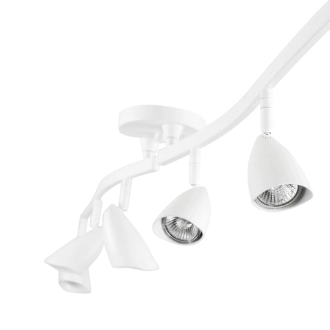 White version of 52 Inch Six Light S Shaped Track Lighting Kit with adjustable heads and pivot shades, ceiling view.