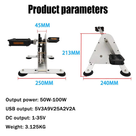 Foot Powered Pedal Power Generator With Dual USB Ports Portable Off Grid Charger for Camping dimensions and specs display