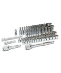 57 Piece Three Eighth Inch Drive Mechanics Tool Set With Standard And Deep Sockets SAE And Metric, Two Ratchets, Two Extensions
