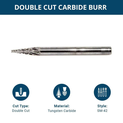 One Eighth Inch Pointed Cone Tungsten Carbide Die Grinder Bits Double Cut Pro Grade Heavy Duty with 1/8 Inch Shaft