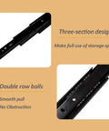 Close-up of push to open drawer slides with side mount runners and double row balls, three-section design, 14 inch size