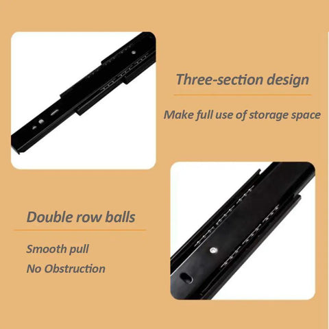 Close-up of push to open drawer slides with side mount runners and double row balls, three-section design, 14 inch size