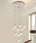 10 Light Stair Crystal Chandelier With Raindrop Globe Glass Ceiling Lighting In Nickel Finish for modern interiors