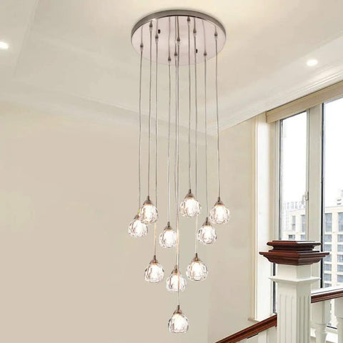 10 Light Stair Crystal Chandelier With Raindrop Globe Glass Ceiling Lighting In Nickel Finish for modern interiors