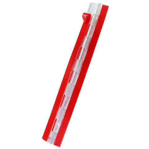 Slick Clear Acrylic Continuous Piano Hinge Two Pack Hella Durable Self Adhesive Peel And Stick Transparent Hinges For Cabinetry and Hardware Projects That Lock In Place Forever, 300mm long, red and clear design.