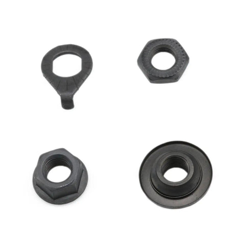 Lightweight 140mm Front Bike Hub Axle 3/8 Inch 26TPI Black Conical Lock Nut Washer Kit components displayed