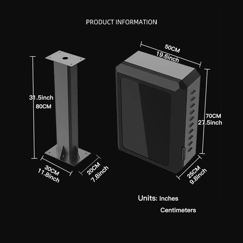 Slick Heavy-Duty EV Charger Enclosure With Pedestal Post Workhorse Weatherproof Lock Box For Outdoor Use dimensions with ruler.