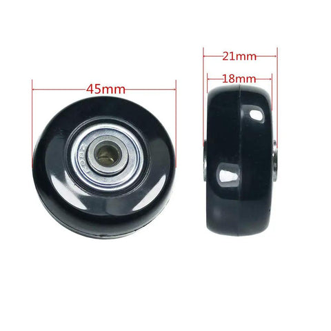 Luggage Suitcase Replacement Wheels Set With ABEC 608zz Bearings 45mm Inline Wheels For Travel Quiet And Durable Includes 30mm And 35mm Axles And Washers Four Pack Black, showing two wheels with dimensions.