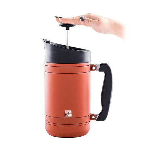 Insulated French Press Keeps Your Daily Joe Hella Hot For Hours With Tough Stainless Steel Build And Secure Twist Lid Crafted For Cabin Weeks And Backyard Chillin 32 Fl Oz Red Rock in use with a hand pressing down.