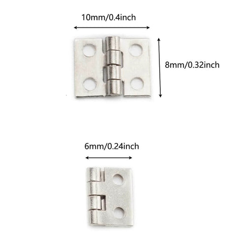 Miniature Brass Hinges Set For Jewelry Boxes And Cabinets 24 Pieces 10 By 8 Millimeter 180 Degree Rotation Silver Finish Includes 96 Mounting Nails Durable Rust Resistant Hardware For DIY Projects Easy To Install displayed with measurements.