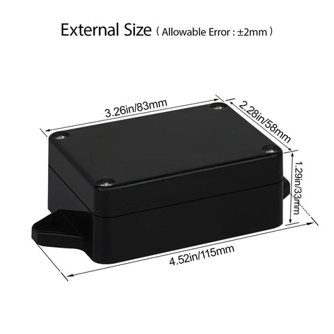 IP65 Waterproof Junction Box Enclosure For Outdoor And Indoor Use, Built Tough ABS Plastic Dustproof Universal Electrical Project Box With Fixed Ear Mounting, Black 3.26 x 2.28 x 1.29 Inches, Pack Of 2, external size diagram
