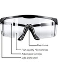 Five Pack Adjustable Safety Glasses For Work And Home Wide Vision Lightweight Fog Proof Protective Goggles with labeled features shown