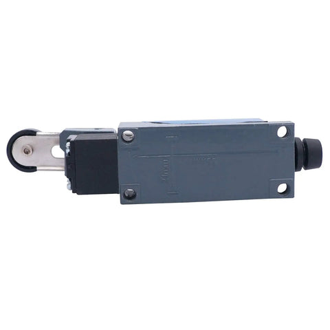 Side view of Two Pack ME 8108 Adjustable Roller Lever Arm Limit Switch for CNC Mills and Routers, gray casing, visible roller lever.