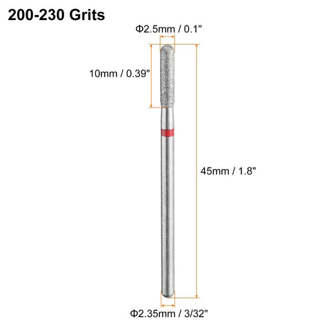 Five Piece 200-230 Grit Diamond Grinding Bits Set For Rotary Tools With 2.5mm Cylindrical Ball Head And 2.35mm Shank 10mm Head 45mm Total Length