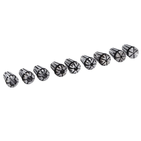 Top Tier High Speed Steel 9 Piece Collet Chuck Set For CNC Engraving Milling And Lathe Machines showing various sizes.