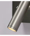 Slick LED Wall Sconces Infinite Dimming Switch Metallic Nickel Aluminum Build Zero Flick Eye Care close-up of sleek aluminum lamp head.