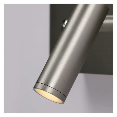 Slick LED Wall Sconces Infinite Dimming Switch Metallic Nickel Aluminum Build Zero Flick Eye Care close-up of sleek aluminum lamp head.
