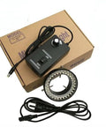 Hella Sharp 60Mm Led Microscope Ring Light With 56 Bulbs Fully Dimmable 12V Dc Source showing control unit and light ring.