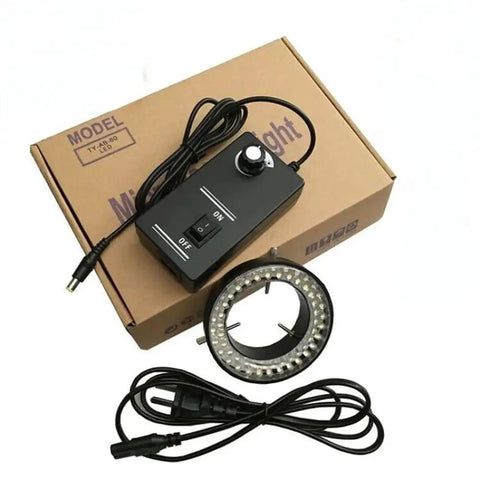 Hella Sharp 60Mm Led Microscope Ring Light With 56 Bulbs Fully Dimmable 12V Dc Source showing control unit and light ring.