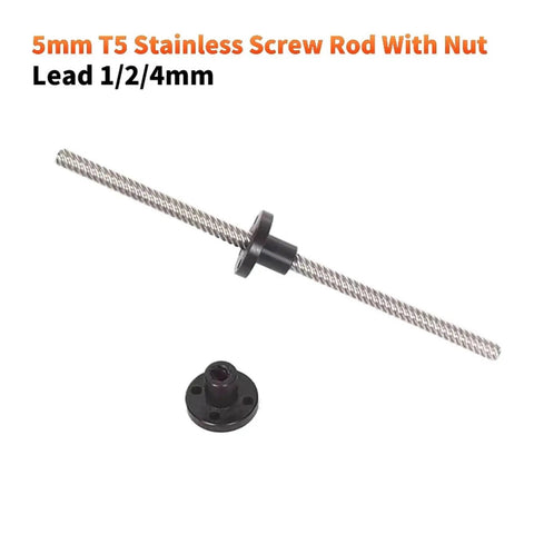 5mm T5 lead screw with nylon nut for linear motion systems, stainless steel shaft, suitable for CNC routers and garage builders.
