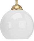 Focus on white globe shade detail of Carisa Collection 3-Light Opal Glass Bath Vanity Light In Vintage Gold Finish For Mid Century Modern Bathrooms