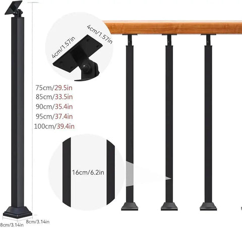Black Wrought Iron Stair Baluster With 270 Degree Adjustable Bracket, Rock Solid Square Railing Post For Deck And Indoor Steps, Plug And Play Front Mount with size options.