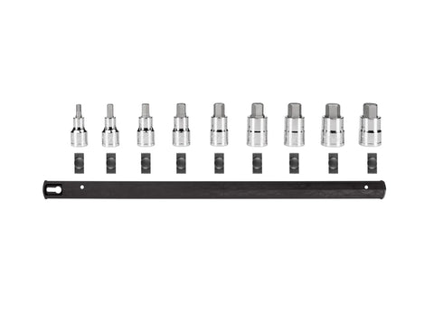 1/2 Inch Drive Hex Bit Socket Set With Rail, 9-Piece (1/4-3/4 Inch), S2 Heat-Treated Steel Bits shown with organization rail