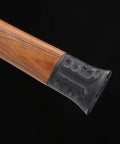 Close-up of rosewood handle with kirsite fitting on Hand-Forged Damascus Han Sword With 42-Inch Battle-Ready Chinese Longquan Blade.