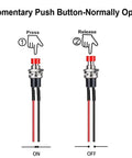 Diagram demonstrating ON/OFF function of red button from 12 Pack 7mm Prewired Momentary Push Buttons SPST NO NC 2-Pin for Model Railways